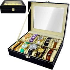 Iso Trade Elegantný organizér na hodinky a šperky s 10 priehradkami, čierny, PU poťah - MDF doska, 20,3x25,7x8 cm