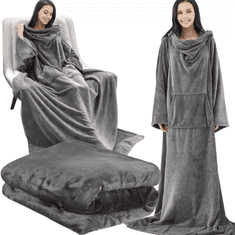 Ruhhy XXL Svetlosivá deka s rukávmi a vreckom, polyester, 180x210 cm
