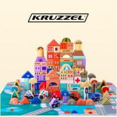 Kruzzel Drevené bloky na stavbu mesta, 115 blokov, farebné prvky, odolný materiál
