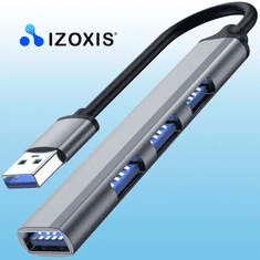 Iso Trade Rozbočovač USB so 4 portami, sivý, hliníkové telo, 9x1,7x0,9 cm