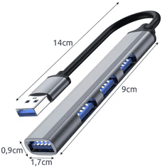 Iso Trade Rozbočovač USB so 4 portami, sivý, hliníkové telo, 9x1,7x0,9 cm