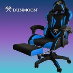 Dunmoon Otočná herná stolička s výsuvnou podnožkou, čierna/modrá, kov + EPE pena + ekokoža, 124/63/63 cm