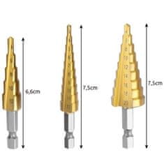 BIGSTREN Sada 3 kónických vrtákov z HHS ocele s titánovým povlakom, veľkosti 4-12 mm, 3-12 mm a 4-20 mm