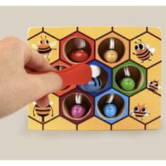 Kruzzel Drevená hra "Honeycomb" s plastovou pinzetou a 7 včelami, viacfarebná, priemer otvoru 3,5 cm