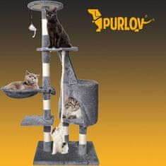 Purlov Grey Cat Tree 118 cm, MDF doska + pletená umelá kožušina + sisalové lano, max. nosnosť 18 kg