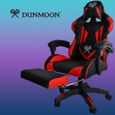 Dunmoon Herná stolička s nastaviteľným sklonom a výsuvnou opierkou na nohy, čierna a červená, kov + EPE pena + ekokoža, 124/63/63 cm
