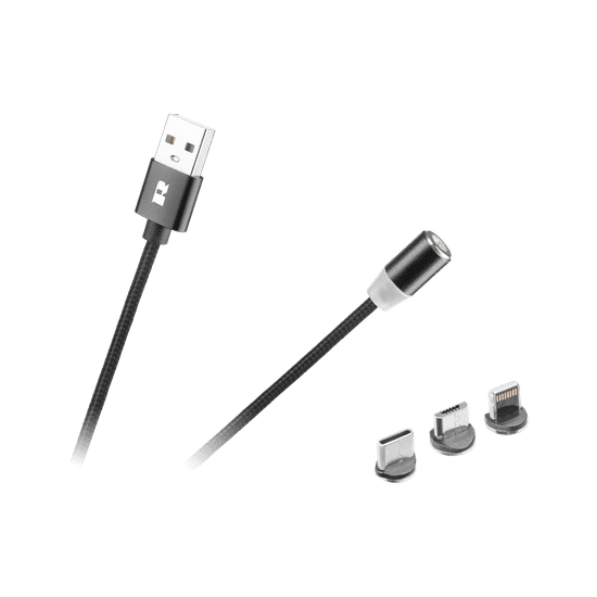 shumee Magnetický USB kábel 3v1 microUSB, USB typu C, Lightning 100 cm, čierny