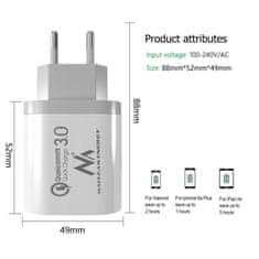 Maclean Sieťová nabíjačka Maclean, Qualcomm Quick Charge, QC 3.0 - 3.6-6V/3A, 6-9V/2A, 9-12V/1.5A, 2 zásuvky 5V/2.1A, biela, MCE479 W