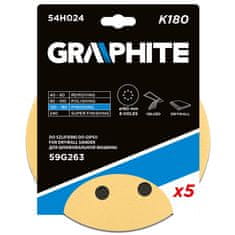 Graphite Brúsny papier na suchý zips 180 mm, K180, 5 ks, s 8 otvormi pre brúsku 59G263