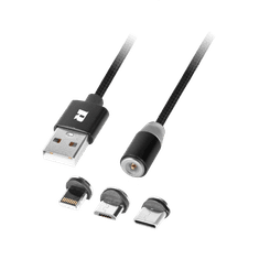 Rebel Magnetický USB kábel 3v1 microUSB, USB typu C, Lightning 100 cm, čierny