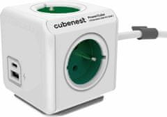 CubeNest Cubenest Powercube Extended USB PD 20W, A+C, 4× zásuvka, 1,5m, bílá/zelená, dětská pojistka, uzemnění, dok, 10A/250V