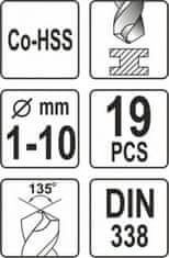 YATO Sada vrtáků na kov 19ks HSS-COBALT 1-10mm