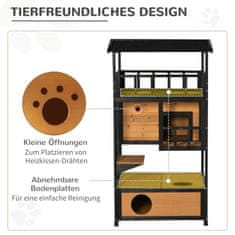 PAWHUT Domček Pre Mačky Jedľový Drevený Domček Pre Mačky Vonkajšia Terasa Jaskyňa Pre Mačky 4 Úrovne Schody Asfaltová Strecha Zimovzdorná Žltá 75,5X75X137Cm 