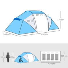 OUTSUNNY Kempingový Stan Rodinný Stan Tunelový Stan S 2 Spacími Kabínkami Pre 4-6 Osôb Modrý L430 X Š240 X V170Cm 