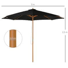 OUTSUNNY Drevený Slnečník 300 Cm Záhradný Dáždnik Balkónový Dáždnik Vyrobený Z Bambusu Čierny Robustný A Elegantný 