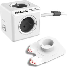 CubeNest Cubenest Powercube Extended USB PD 35W, 2xUSB-C, 4× zásuvka, 1,5m, bílá/šedá, dětská pojistka, uzemnění, montážní dok