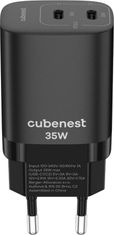 CubeNest CubeNest S2D1 GaN Adaptér 35W černá (2× USB-C až 35 W), PD, přepěťová a podpěťová ochrana, s technologií GaN, pro iPhone