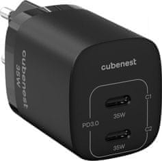 CubeNest CubeNest S2D1 GaN Adaptér 35W černá (2× USB-C až 35 W), PD, přepěťová a podpěťová ochrana, s technologií GaN, pro iPhone