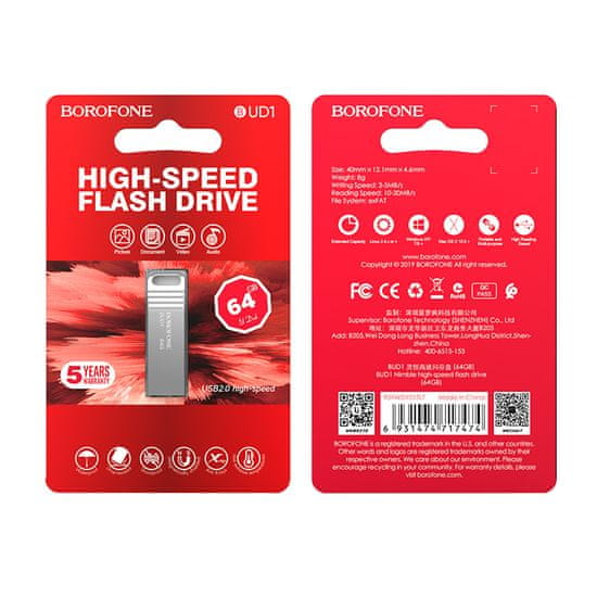 Borofone Flash disk BUD1 64GB strieborný