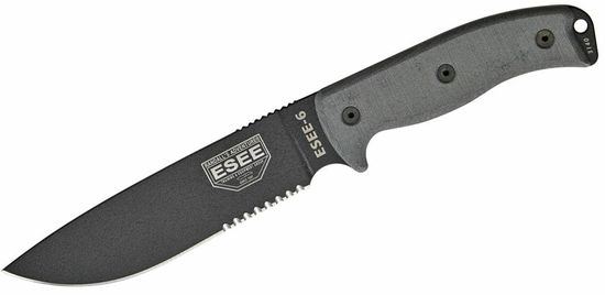 ESEE ESEE-6S-B Serrated univerzálny nôž 16,5cm, čierna, šedá, Micarta, plastové čierne puzdro, pripínanie