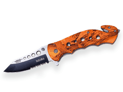 Joker JKR0565 vreckový nôž s asistenciou 8 cm, oranžová kamufláž, hliník, rezač pásov, rozbíjač skla