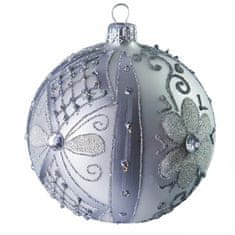 Decor By Glassor Sklenená vianočná banka strieborná, kvietky (Veľkosť: 10)