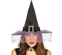 Guirca Čarodejnícky klobúk čierny s fialovým závojom