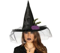 Guirca Čarodejnícky klobúk čierny so závojom a ružou