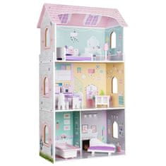 EcoToys Drevený trojposchodový domček pre bábiky Jahodový