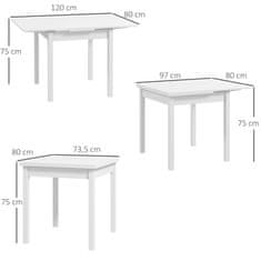 HOMCOM Jedálenský Stôl, Skladací Stôl, Jedálenský Stôl Pre 2-4 Osoby, Rozkladací Kuchynský Stôl, Drevený Stôl Do Jedálne, Kuchyňa, Biela, 73,5-120 X 80 X 75 Cm 