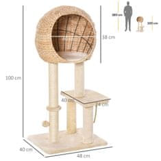 PAWHUT Cat Tree Škrabadlo Mačiatko Nábytok S Loptičkou Cat Cave Sisal Mäkký Plyš Béžová Výška 100 Cm 