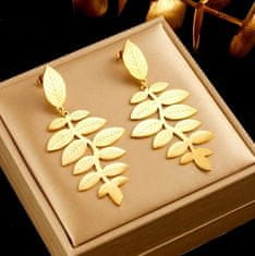 For Fun & Home Elegantné zlaté náušnice z chirurgickej ocele 316L v tvare listov, rozmery 7 cm x 3 cm, zapínanie na gombík