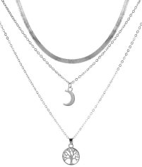 Camerazar Strieborný náhrdelník Boho s príveskami mesiaca a stromu, dĺžka 34 cm + 6 cm predĺženie, bižutérny kov