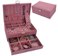 Camerazar Veľká šperkovnica s kľúčom a poličkou, ružový semiš/plast, 27x10,5x19 cm