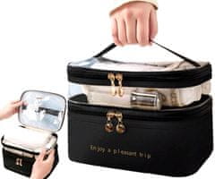 Camerazar Dvojitý kozmetický kufrík, čierna kvalitná umelá koža, 23x15,5x17,5 cm