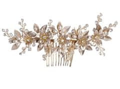 Camerazar Elegantný svadobný hrebeň do vlasov so zlatými kvetmi, priehľadnými kryštálmi a bielymi perlami - 14,5 cm x 7 cm