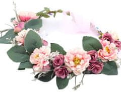 Camerazar Veniec do vlasov s ružami a pivonkami, práškové lakovanie, textilné kvety, obvod 54 cm