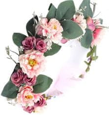 Camerazar Veniec do vlasov s ružami a pivonkami, práškové lakovanie, textilné kvety, obvod 54 cm