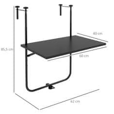 OUTSUNNY Balkónový Stôl Na Zavesenie, Skladací Závesný Stolík, Výškovo Nastaviteľný V 3 Smeroch, Do 15 Kg, 62X60 Cm, Čierny 