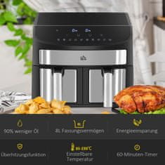 HOMCOM Teplovzdušná Fritéza 8L Fritéza S Dvojitou Komorou, Vzduchová Fritéza S 10 Programami, 2400 W Vzduchová Fritéza S Dotykovým Displejom, Recept, Bez Oleja, Čierna 