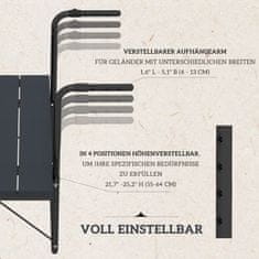 OUTSUNNY Balkónový Stôl Na Zavesenie, Balkónový Závesný Stolík Skladací, Výškovo Nastaviteľný V 4 Smeroch, Závesný Stôl Pojme Až 25 Kg, Hliník, 60 X 40 Cm, Čierny 