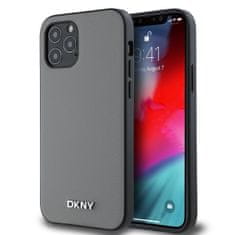 DKNY  PU kožený zadný kryt Silver Metal Logo Magsafe pre iPhone 12/12 Pro Grey