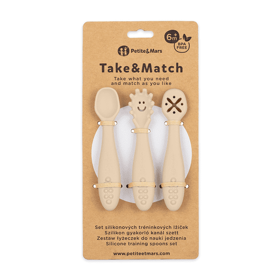 Petite&Mars Set 3 ks silikónových tréningových lyžičiek Take&Match Desert Sand 6m+