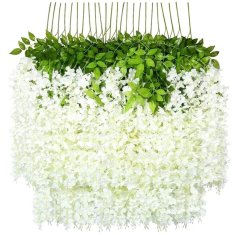 Camerazar Závesný veniec z umelých kvetov vistárie, biely, 110x20 cm, pružný drôt s plastom a tkaninou