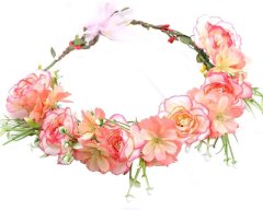 Camerazar Veniec do vlasov s ružami a pivonkami, boho štýl, priemer 54 cm, materiál textilné kvety na pokovovanom drôte