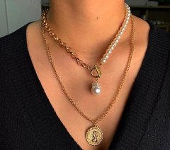 Camerazar Dámsky zlatý náhrdelník s perlovou retiazkou a príveskom, dĺžka 50 cm