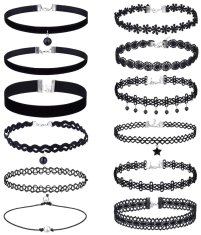 Camerazar Súprava 12 čipkových náhrdelníkov v čiernej farbe s nastaviteľnou dĺžkou a striebornými a zlatými nadstavcami