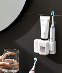 Camerazar Nástenný držiak na dve elektrické zubné kefky s automatickým dávkovačom zubnej pasty, vodotesný, tvrdý plast, biely, 12,5x9x5,5 cm