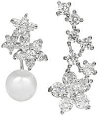 JwL Luxury Pearls Asymetrické náušnice - dvojitá náušnice s pravou bielou perlou a pozdĺžna náušnice so zirkónmi JL026