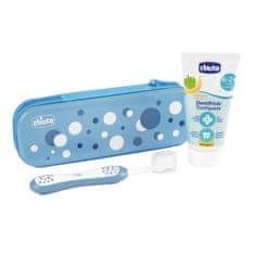 Chicco Set zubná kefka a pasta v puzdre Always smiling - light blue, 6m+